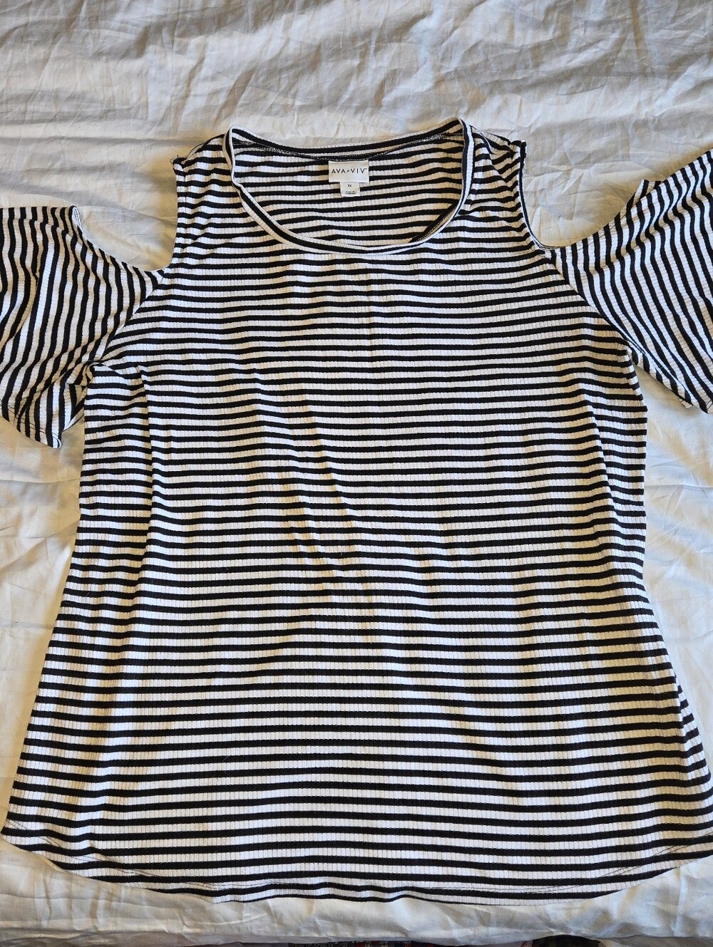 Ava & Viv Black & White Striped Open Shoulder Tee